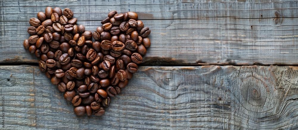 Canvas Prints Heart shaped coffee beans arranged on a rustic wooden surface with copy space image