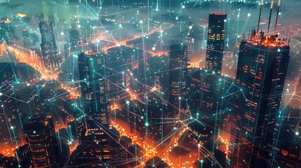 Fototapeta premium towering skyscrapers shimmer amid a mesh of digital connections portraying citys technological pulse after dark
