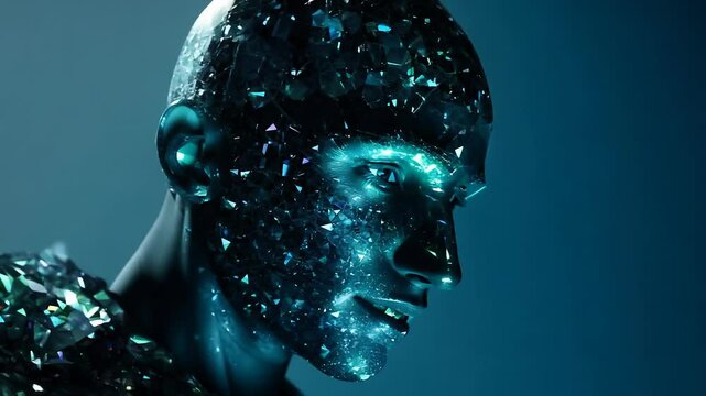 Futuristic blue humanoid robot with crystal texture