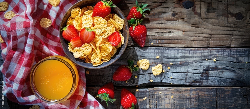 Canvas Prints A breakfast scene with cornflakes strawberries juice on a rustic table with a free copy space image a delightful top down view