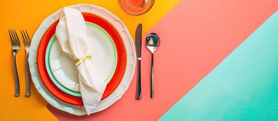 Obraz premium A festive table arrangement for celebrations like holidays or birthdays captured from above with plates and napkins on a bright background featuring copy space image