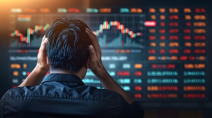 A man is looking at a computer screen with a lot of numbers and graphs