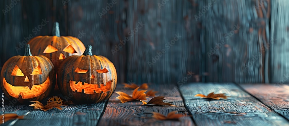 Poster halloween themed jack o lanterns on a wooden surface with copy space image for text creating a spook