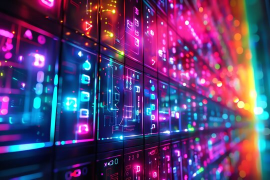 Abstract futuristic server room with neon lights.