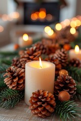 White candle in the foreground with pine cones and needles. Shallow focus with copy space
