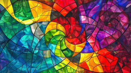 Abstract stained glass window with vibrant colors.