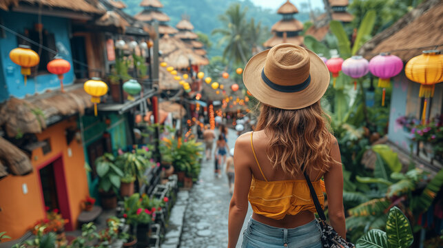 Young woman with hat seen from behind, exploring exotic country streets. Solo female traveler experiences local culture in vibrant foreign destination.