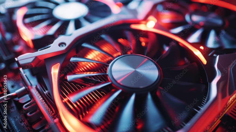 Poster A close up of a computer fan with red lights