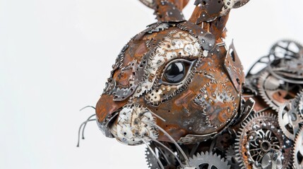 Obraz premium A close-up of a rabbit crafted from scrap metal, featuring unique and intricate patterns, isolated on a white background