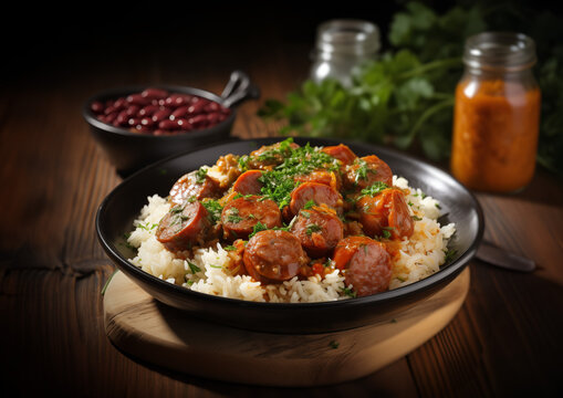 Rougail saucisse, saucisses cuisin&eacute; &agrave; la tomate servi avec du riz et des haricots rouges, plat cr&eacute;ole