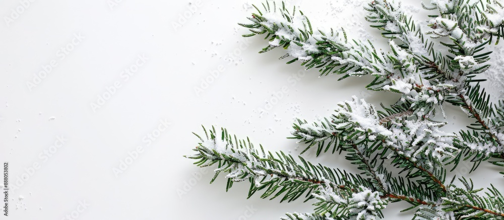 Poster picture of a snow covered evergreen branch on a white backdrop with room for text or images. copy sp