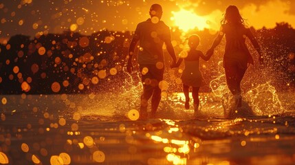Happy family enjoying sunset splashing in water, creating memorable moments together. Parenting, affection, togetherness.