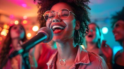 Joyful Friends Singing Karaoke in a Vibrant Coral Nightclub