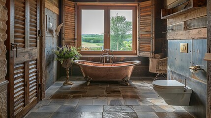 Obraz premium Rustic Bathroom with Natural Elements Featuring a Copper Clawfoot Tub and Scenic View