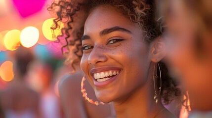 Fototapeta premium Joyful Friends Laughing and Dancing at a Vibrant Festival