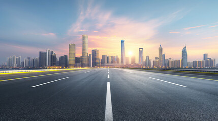 Naklejka premium City high way with motion blur effect against the background of city skyline 