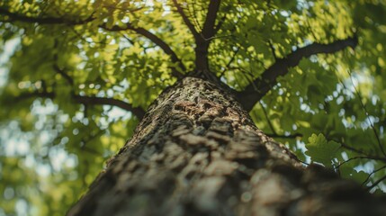 Fototapeta premium Old, gnarled oak trunk stands tall in sunlit woods, green leaves rustling in summer breeze