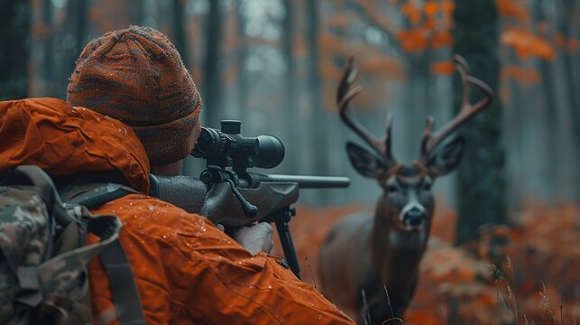 Stealthy Hunter Targeting Buck Deer in Forest with Lever-Action Rifle