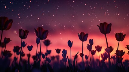 Obraz premium A close-up silhouette of a field of tulips, with their shapes clearly outlined, against a twilight sky filled with stars