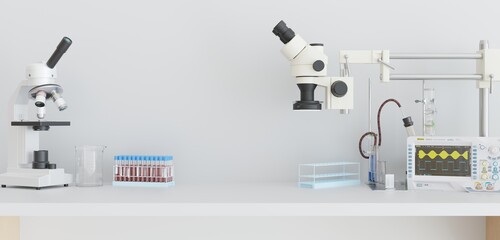Laboratory, scientist work desk microscope 3D illustration