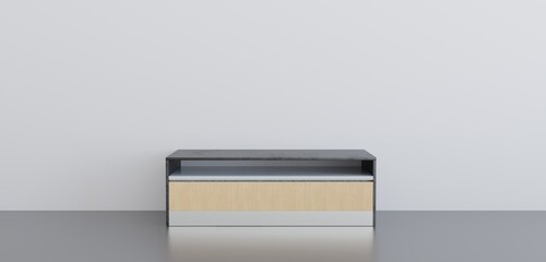 TV table in the middle of the room, TV shelf, empty room, 3D illustration