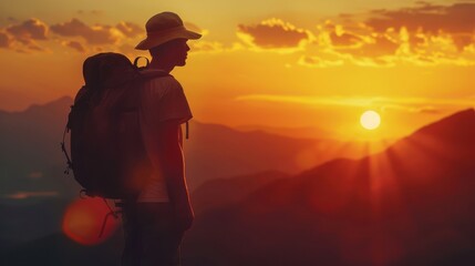 A close-up silhouette of a tourist wearing a hat and carrying a backpack, standing on a hilltop, with a stunning sunset and mountains in the background