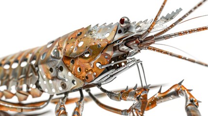 A detailed close-up of a shrimp assembled from scrap metal, with eye-catching and unique patterns, isolated on a white background