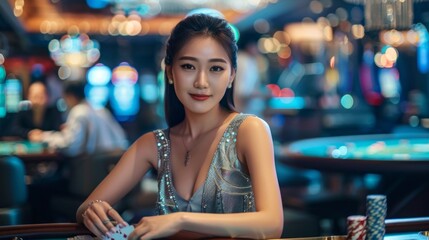 A woman in a silver dress is sitting at a poker table with a deck of cards
