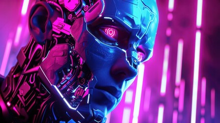 A hyper-realistic rendering of a villainous character's face, showing mechanical implants and a sinister smirk, set against a backdrop of futuristic neon lights