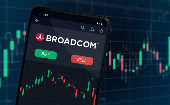Broadcom Inc. company shares rise or fall on stock exchange market - corporation logo on mobile phone screen - Warsaw, Poland - 17.07.2024