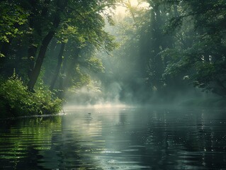 Fototapeta premium Tranquil river with mist rising from the water, surrounded by dense forest and early morning light