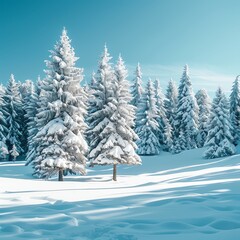 Fototapeta premium Tranquil snowy landscape with pine trees covered in snow and a clear blue sky above