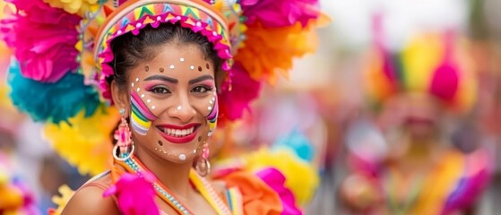 Energetic Puerto Rican Carnival with bright costumes and lively parades, festive event, Hispanic Heritage Month