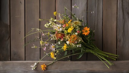 Bouquet of wild flowers on wooden background