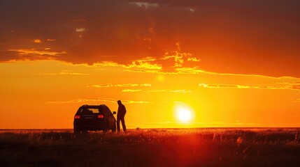 Naklejka premium Person Changing Flat Tire by Car with Hazard Lights During Stunning Sunset Silhouette