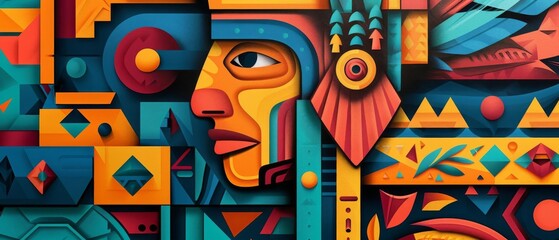 Fototapeta premium Intricate Aztec-inspired artwork with geometric designs and vibrant colors