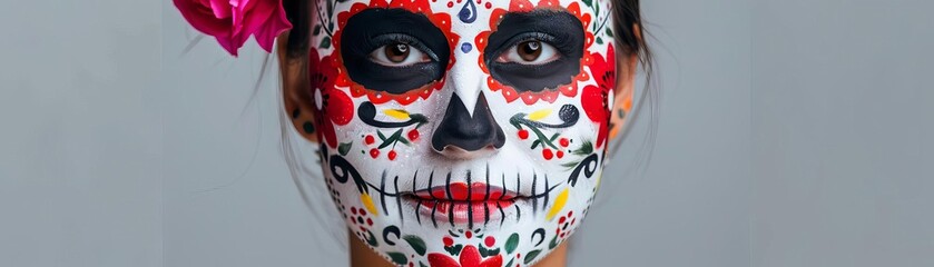 Intricate Dia de los Muertos face painting with floral designs, cultural tradition, Hispanic Heritage Month celebration