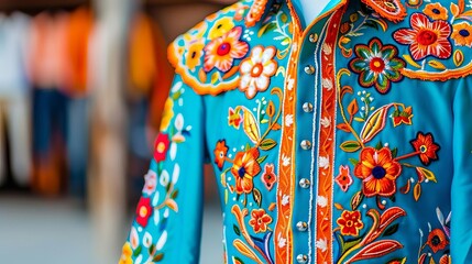 Vibrant Mexican charro suit with intricate embroidery, cultural symbols, celebrating Hispanic Heritage Month