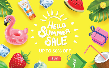 Colorful Summer Sale Banner on yellow background. Watermelon, palm tree, flamingo pink, gift box, sale bag. Discount summer banner. Vibrant Sale Advertisement. Vector 3d cartoon