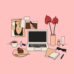 Frontal View Illustration of Home Office Desktop with Laptop, Posters, Flowers, Cake, Notebook and Sunglasses