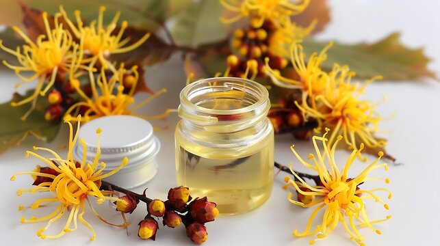Artistic Composition of Witch Hazel Flowers and Herbal Extract