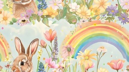 Obraz premium Radiant Rainbow Framing Playful Cute Bunny with Gemlike Embellishments in Idyllic Flowerfilled Meadow