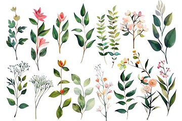 Watercolor floral elements collection, perfect for wedding invitations, greeting cards, and more.