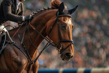 Obraz premium Sportswoman on a horse at the hippodrome. Horse riding competitions at the Olympic Games