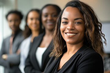 Fototapeta premium Confident businesswoman leads diverse team in modern office, focusing on success, teamwork, and innovation. Womens Equality Day, women on work, women in leadership