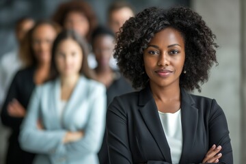 A woman leading a diverse team demonstrates effective leadership, empowers employees through teamwork and collaboration. Womens Equality Day, women on work, women in leadership
