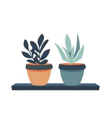Flat vector illustration of two plants in pots on a shelf, with a simple design on a white background in a minimalistic style without shadows or gradients, using simple lines, shapes, 