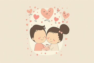 Cute cartoon couple in love with hearts and balloons.