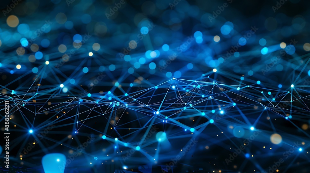 Poster Abstract representation of cloud computing with digital data streams and interconnected network nodes on a blue background symbolizing seamless data transfer