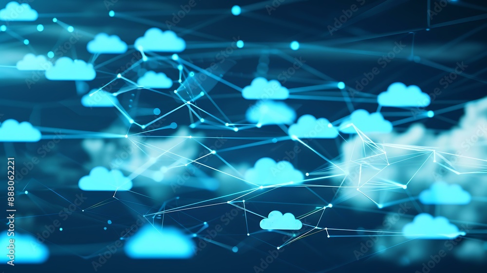 Poster Abstract representation of cloud computing with digital data streams and interconnected network nodes on a blue background symbolizing seamless data transfer